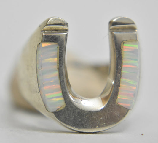 Horseshoe ring opal sterling silver good luck gamblers women  men size 9
