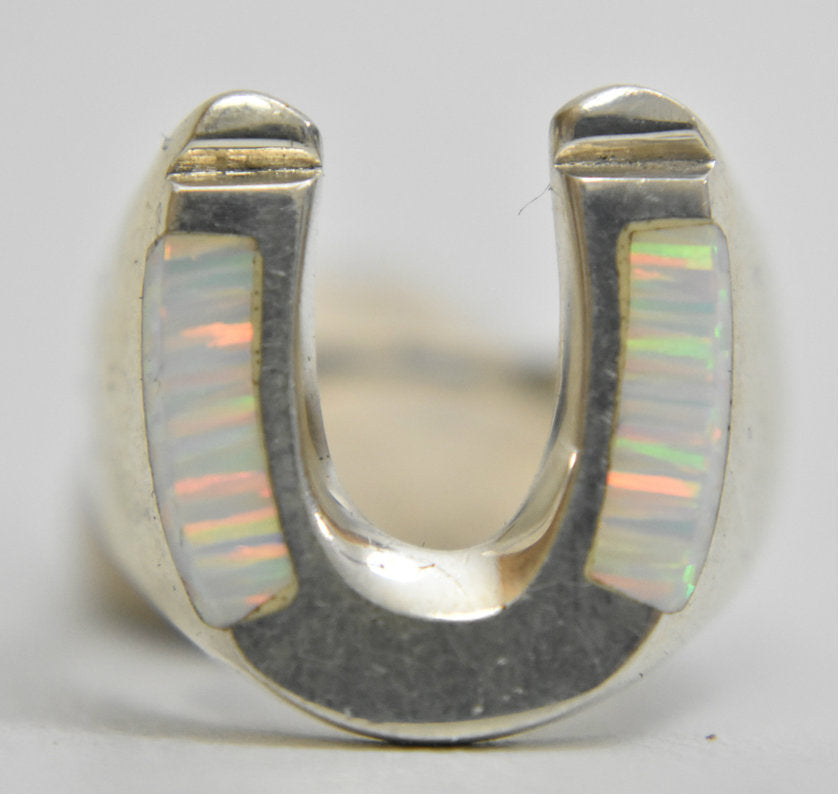 Horseshoe ring opal sterling silver good luck gamblers women  men size 9