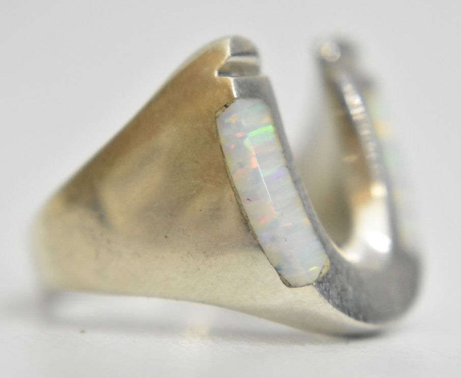 Horseshoe ring opal sterling silver good luck gamblers women  men size 9