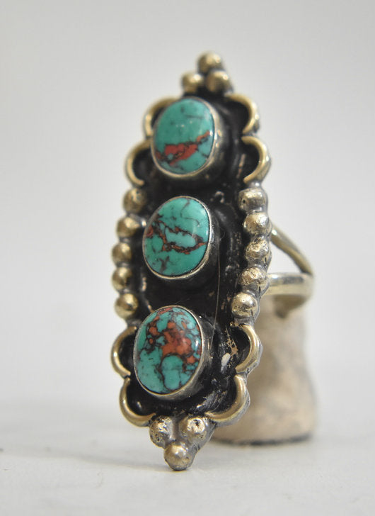 Long Turquoise ring Navajo Sterling Silver Turquoise red accents Size 7.25