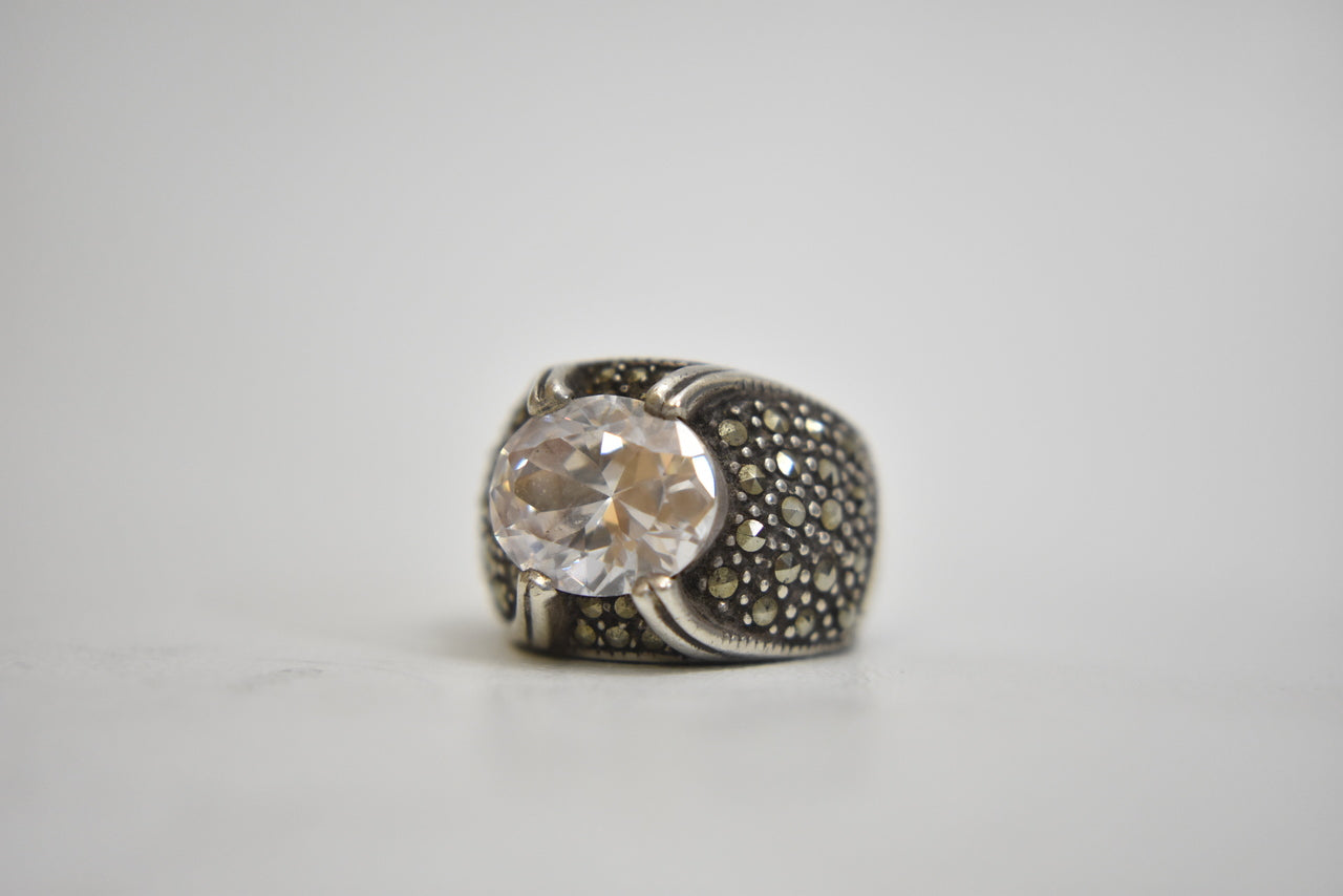 chunky ring size 5.50 cocktail crystal marcasites sterling silver women