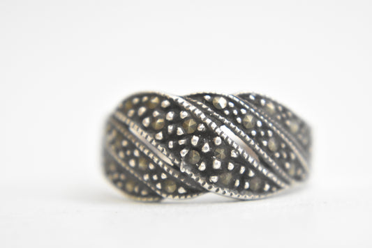 flower leaf ring marcasite cigar band art deco sterling silver thumb women  Size  8.50