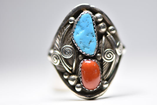Turquoise ring Coral  band  sterling silver women men Size 10.75