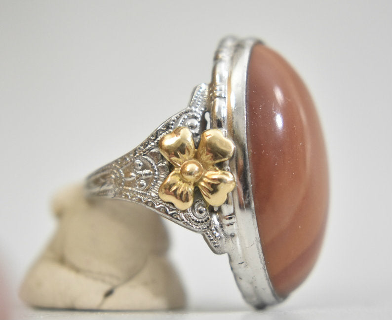 Agate ring Art Deco floral sterling silver filigree size 4.50