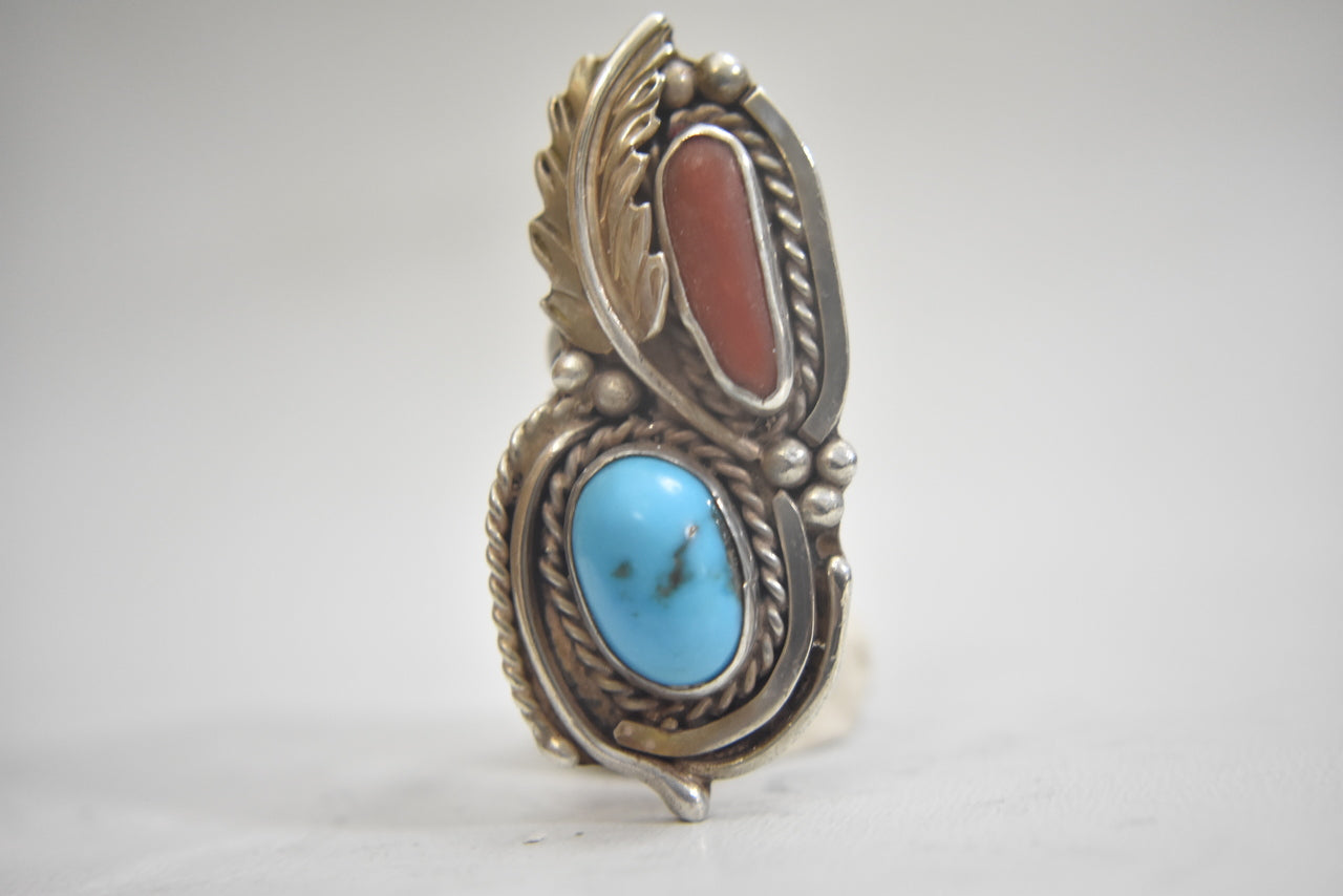 Navajo ring turquoise coral leaves  sterling silver women  size 4
