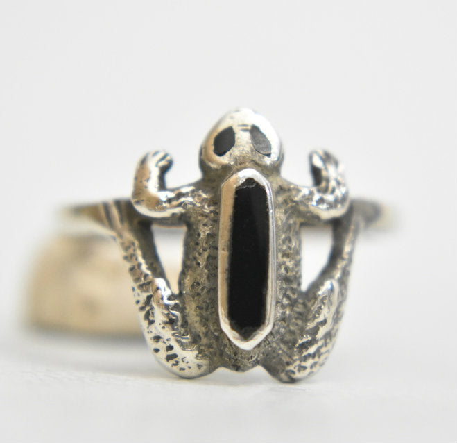 frog ring onyx band women girls boys sterling silver Size 7