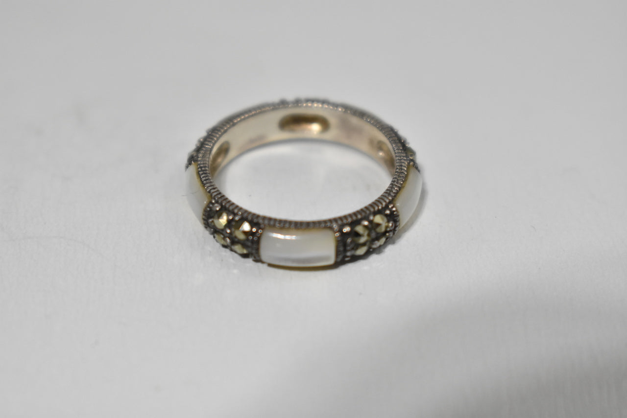 MOP Ring Mother of Pearl Stacker Band Marcasites Size 5.5
