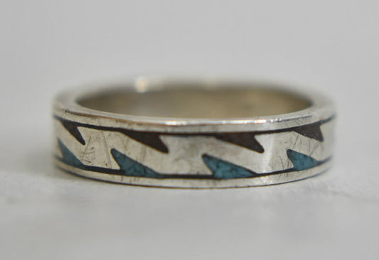 Turquoise chip band zig-zag ring pinky southwest sterling silver Size 4.75