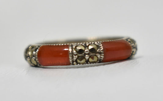 Red Stone Ring Marcasite Stacker Band Sterling Silver Size 6.7