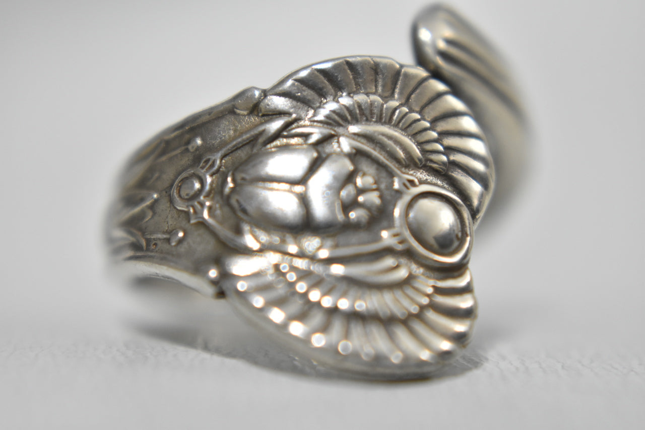 Scarab Spoon Ring Wing Egyptian Sterling Silver Resurrection Size  8.2
