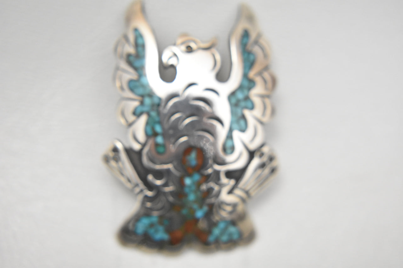 Eagle Pin turquoise coral chips Navajo sterling silver women men signed