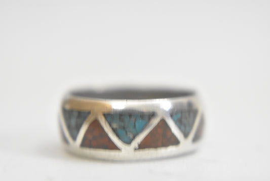 Zuni band turquoise ring coral pinky tribal sterling silver women Size 6