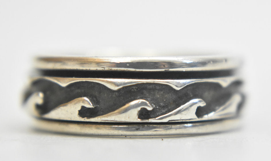 Waves spinner ring thumb band sterling silver men ring size  9.50