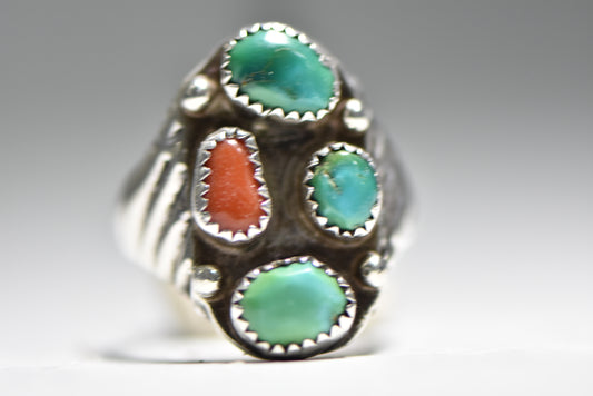 Turquoise ring coral Navajo tribal southwest sterling silver men Size 9.75