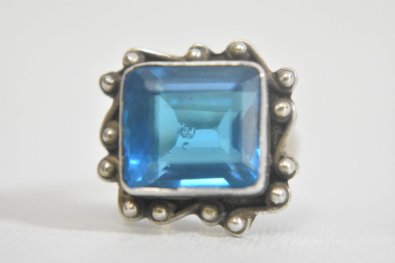 Blue glass ring square faceted sterling silver women Size 6.25