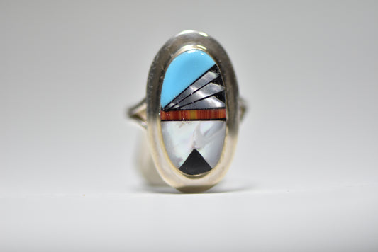 Zuni ring turquoise coral lapis band sterling silver women girls baby Size 3.25