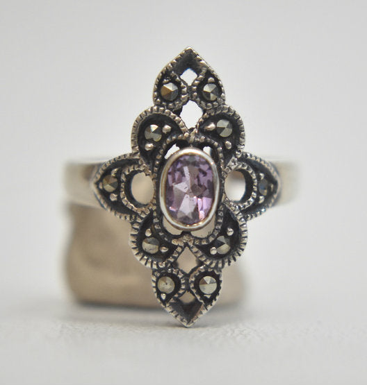 Long Amethyst Ring Marcasites Sterling Silver Size 6.50