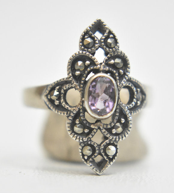Long Amethyst Ring Marcasites Sterling Silver Size 6.50
