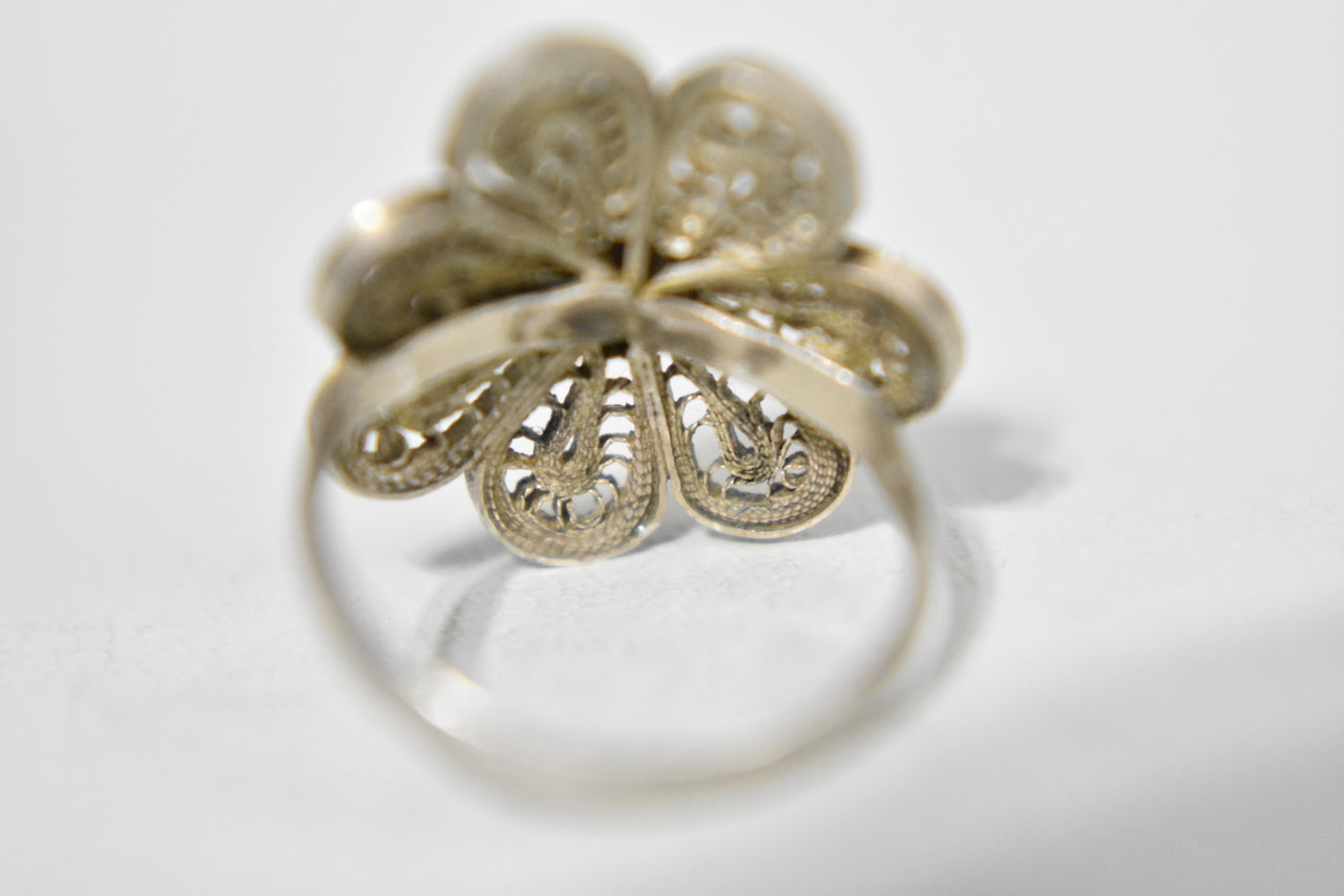 Flower Ring Floral Vintage Filigree Ring Sterling Silver Size 4