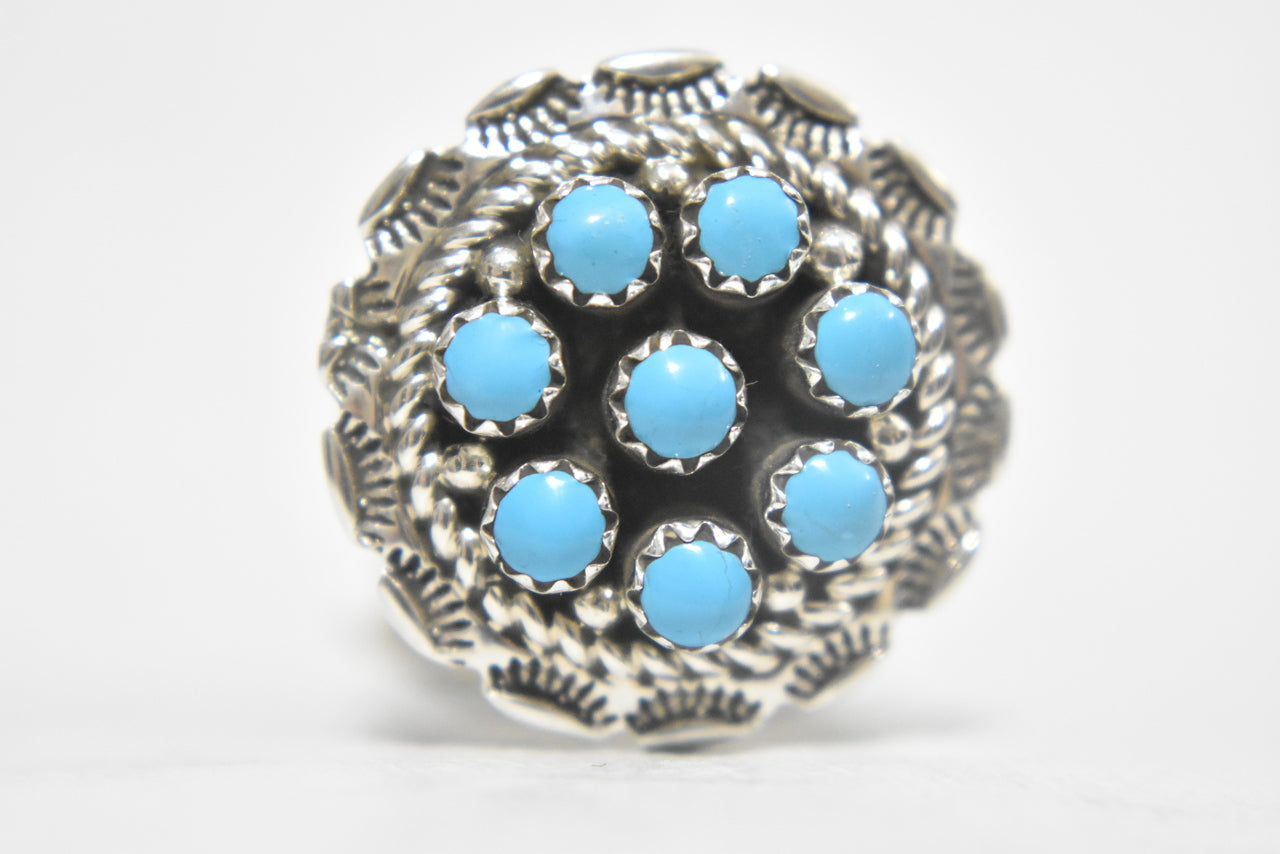 Zuni Ring Turquoise Flower Petite Pointe Sterling Silver Size 7