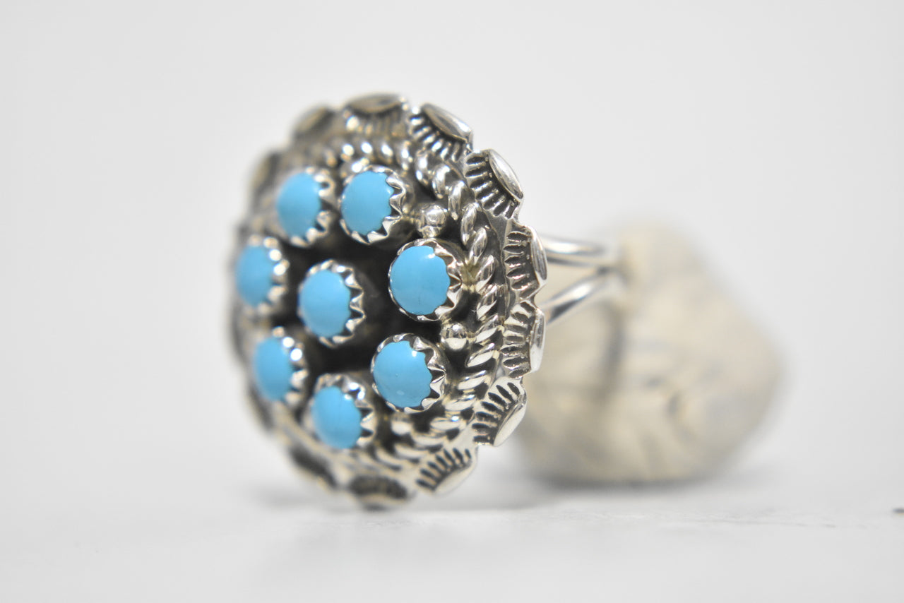 Zuni Ring Turquoise Flower Petite Pointe Sterling Silver Size 7