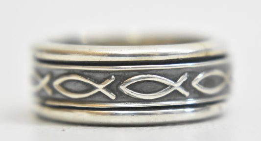 Fish spinner ring Christian religious sterling silver band Mexico size 6.5