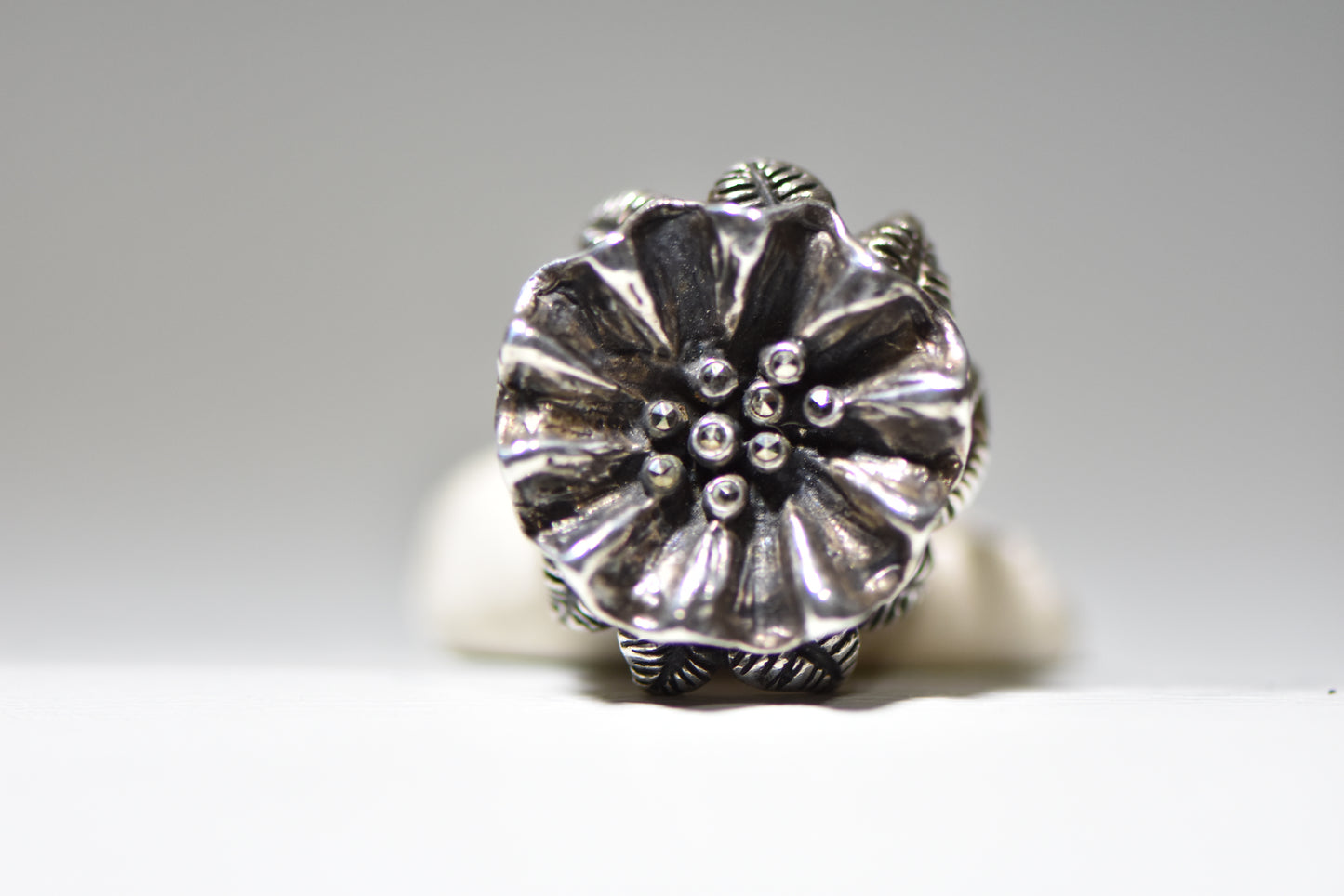 flower ring marcasites vintage sterling silver women
