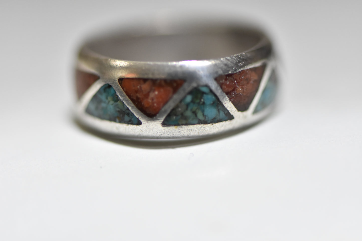 Turquoise ring coral chips band sterling silver wedding vintage southwest women