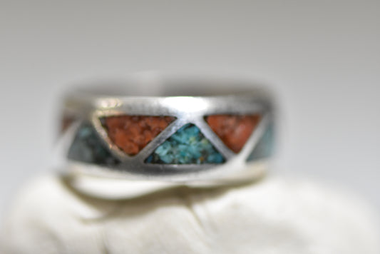 Turquoise ring coral chips band sterling silver wedding vintage southwest women