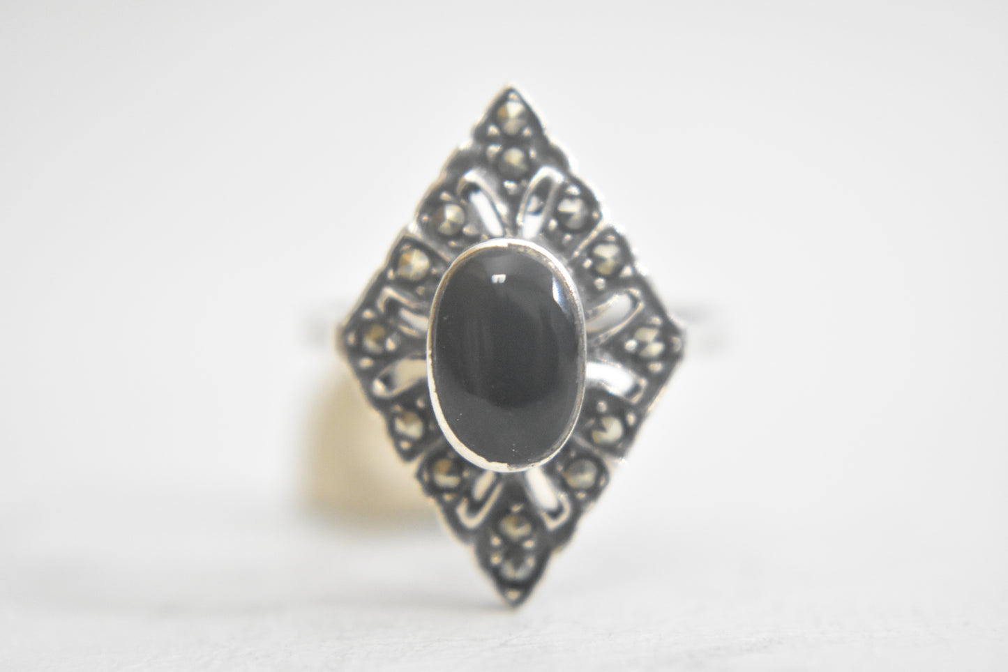 onyx ring marcasites sterling silver women  Size  7.5