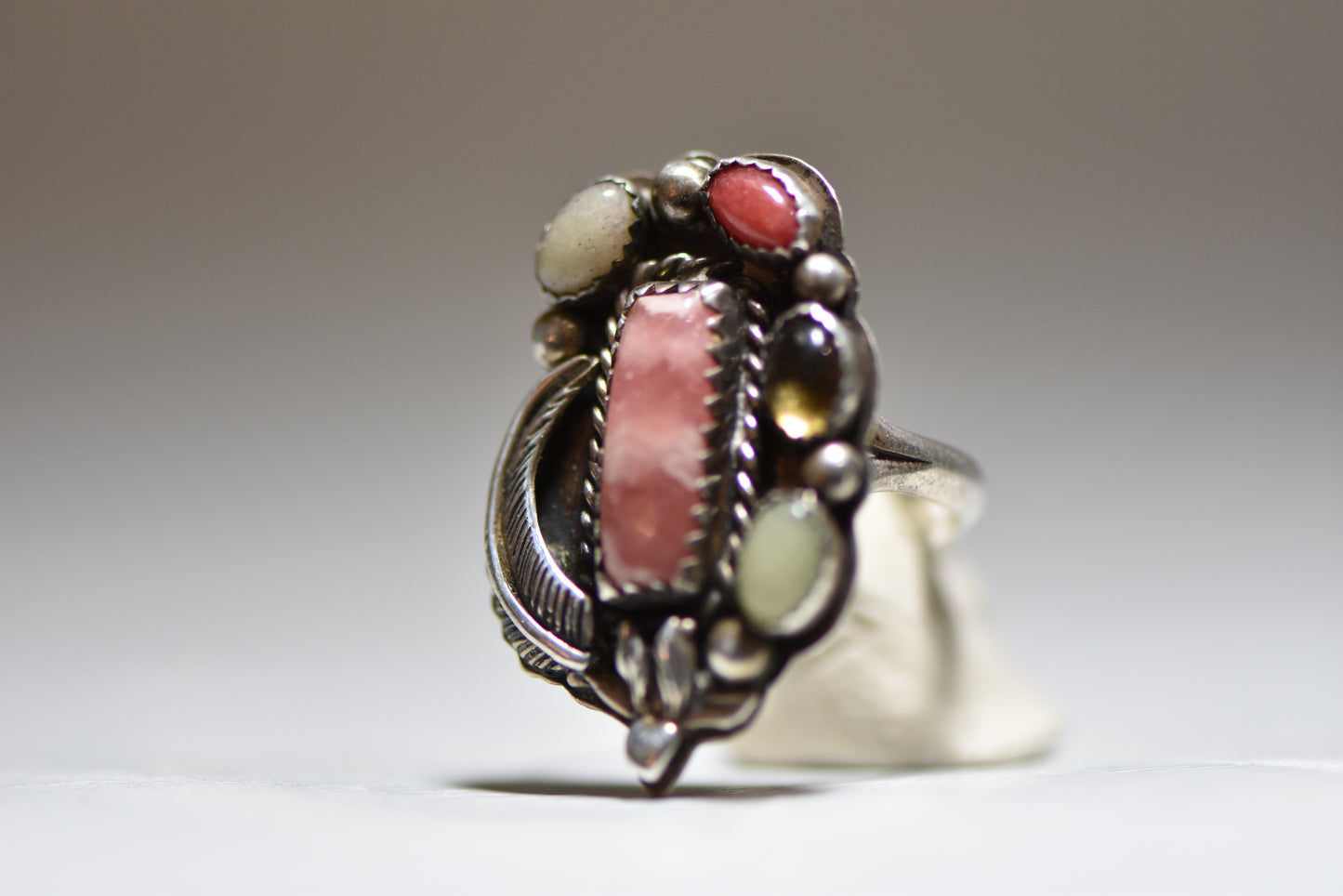 Navajo ring multi gemstone ring coral feather sterling silver