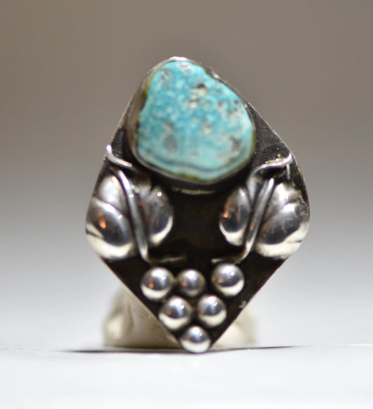Turquoise ring Navajo leaves floral sterling silver