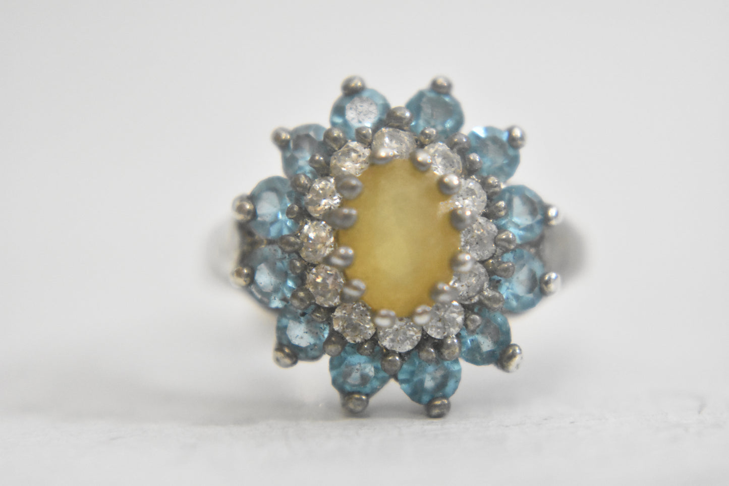 Flower ring cocktail blue petals and yellow sterling silver women prom girls  Size  8.25
