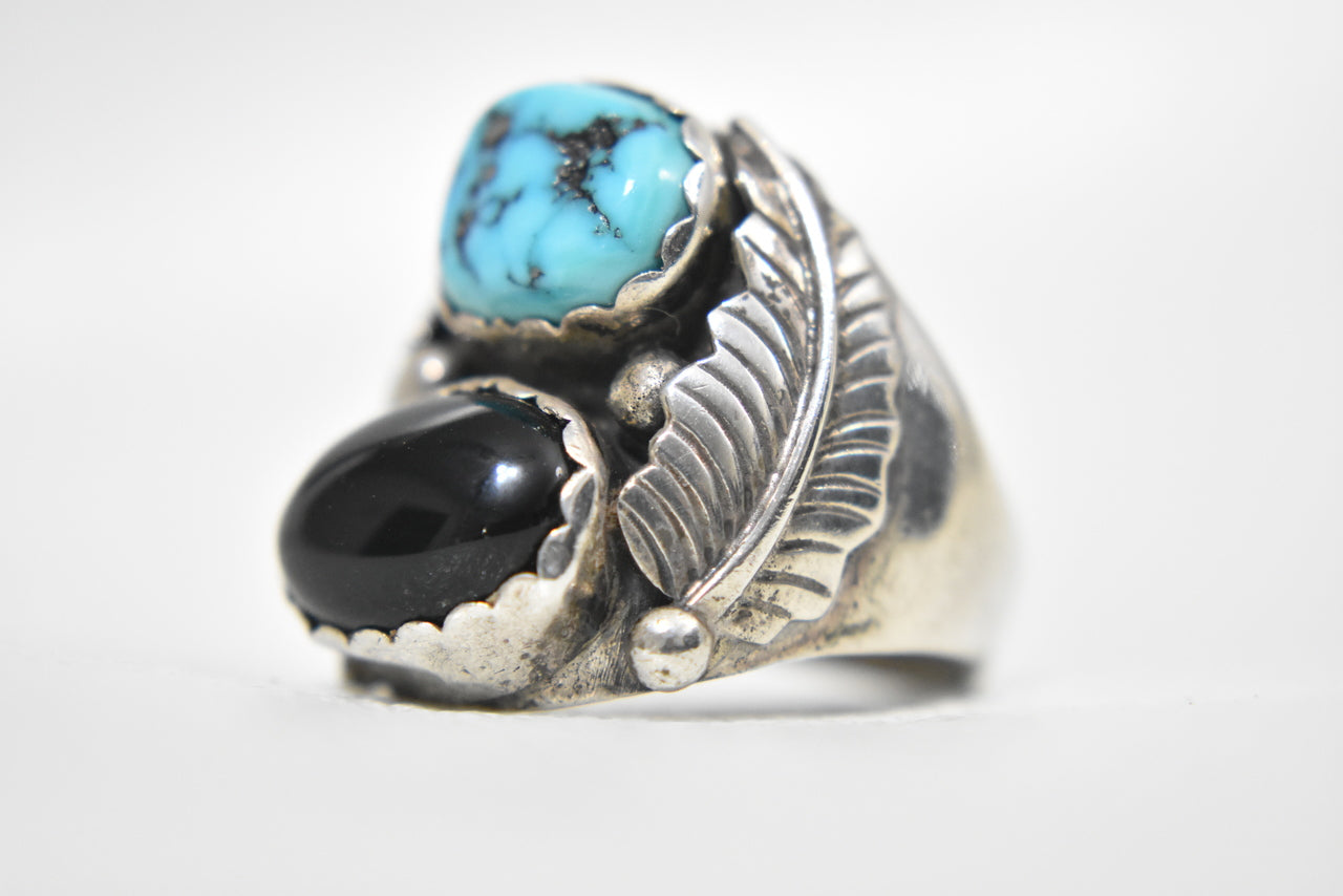 Navajo Turquoise Onyx Ring w Leaves Sterling Silver Men Size 10.5