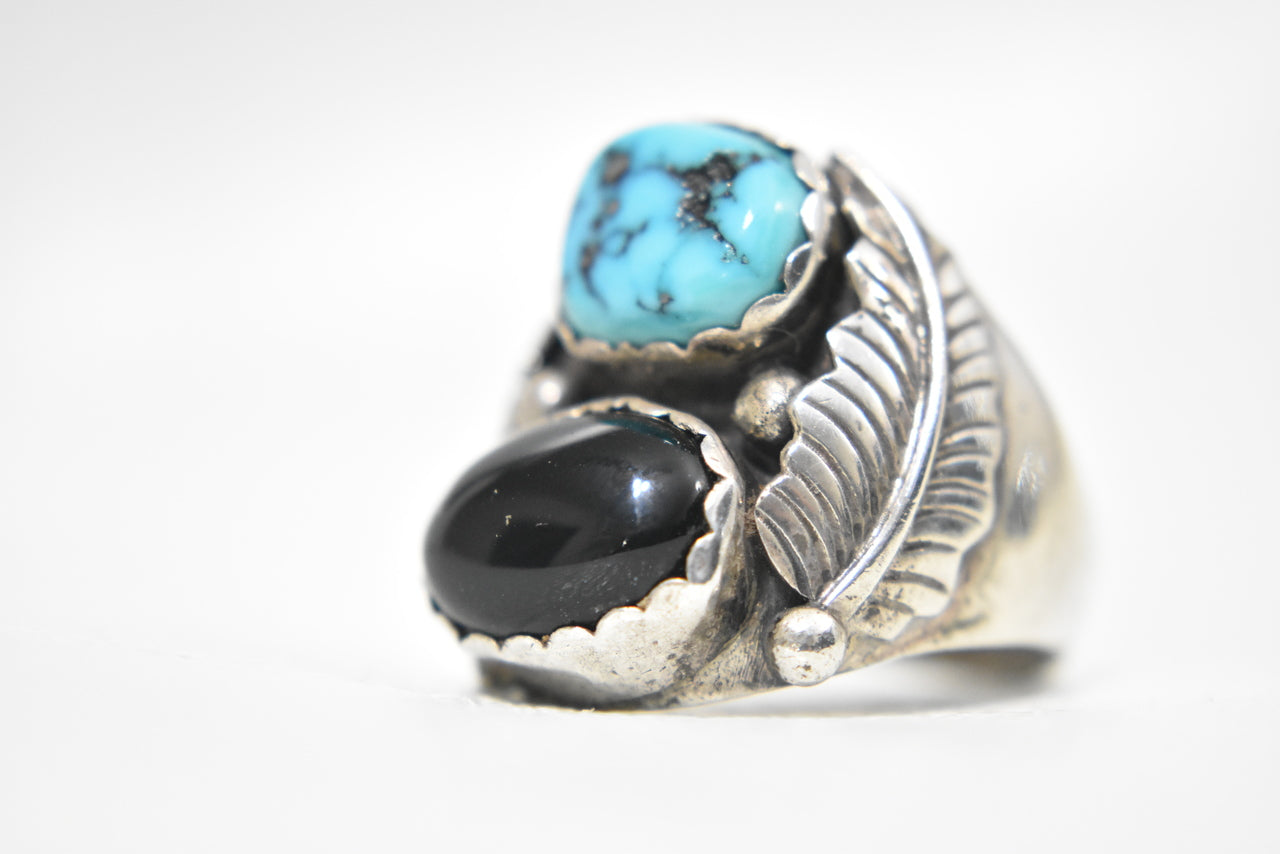 Navajo Turquoise Onyx Ring w Leaves Sterling Silver Men Size 10.5