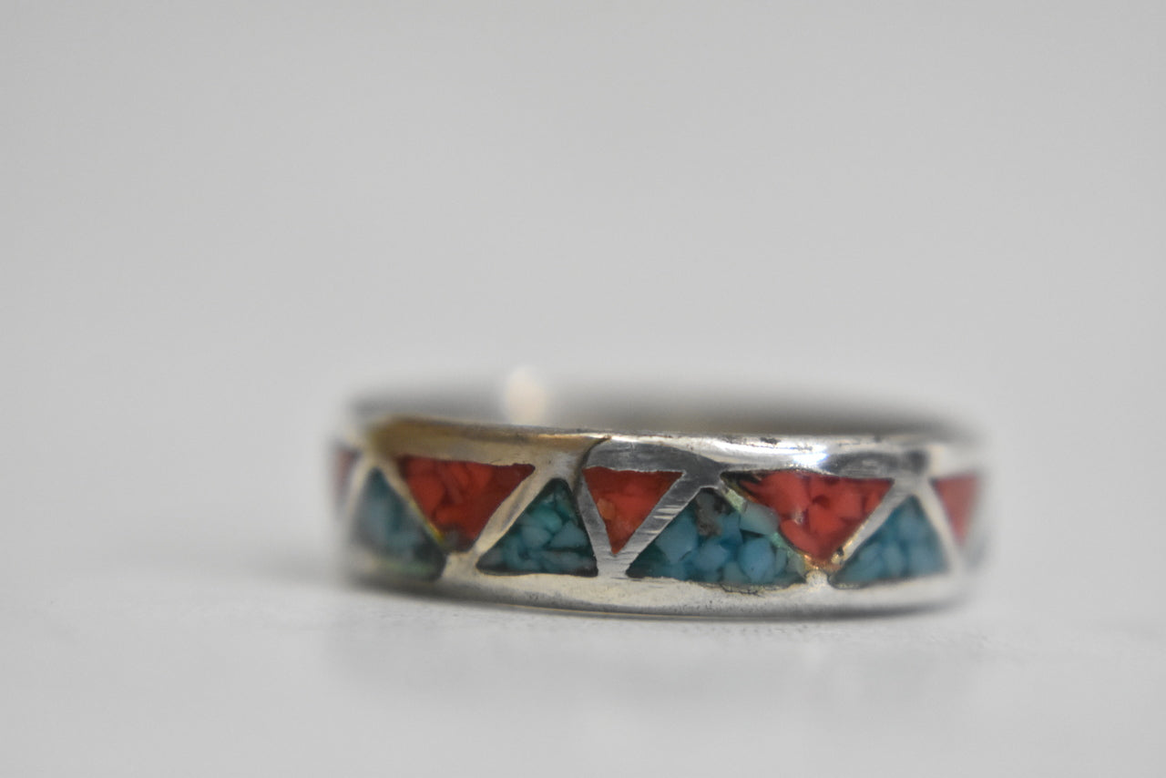 Zuni on sale Sterling Silver Turquoise Coral MOP Inlay CZ Band Ring 6.75