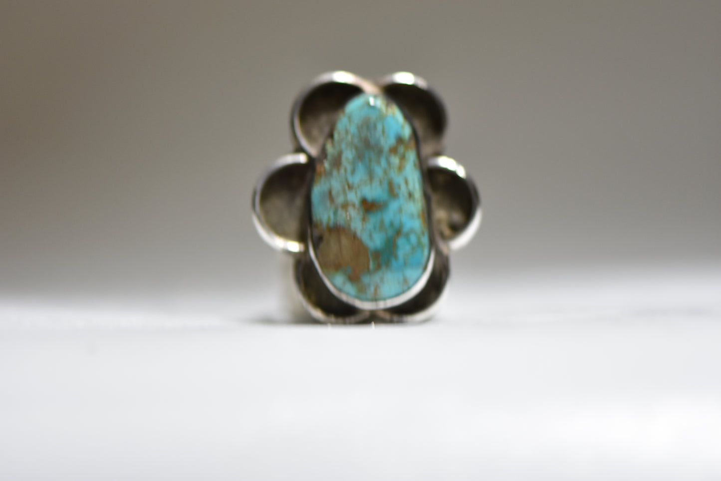 Turquoise ring Navajo long Southwest scalloped sterling silver edges