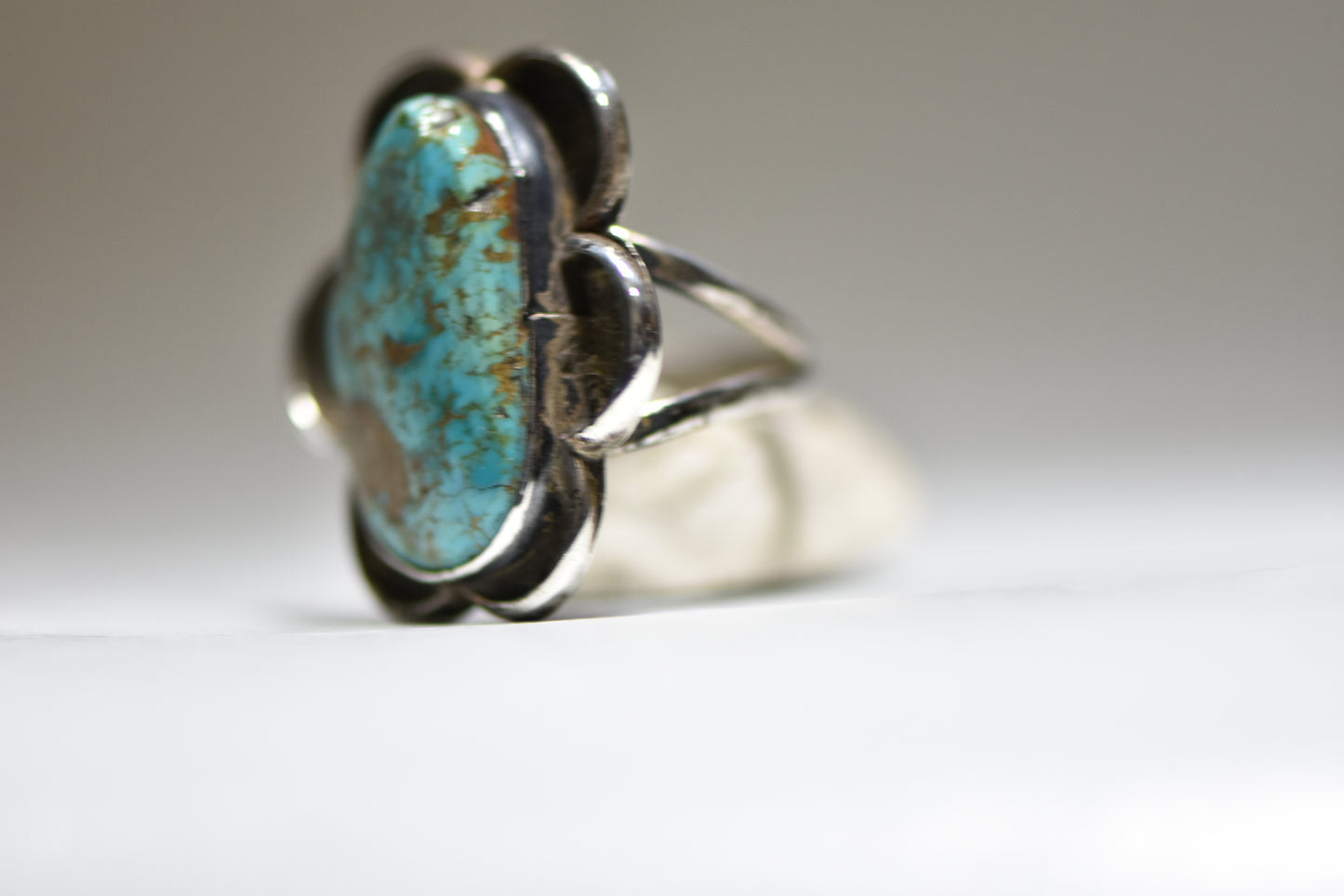 Turquoise ring Navajo long Southwest scalloped sterling silver edges