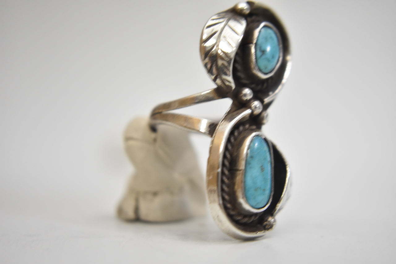 Long Turquoise ring Navajo sterling silver women   Size  5.25