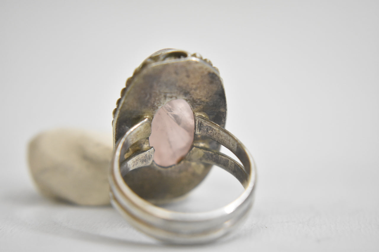 Rose quartz ring long sterling silver  women  Size  6.75