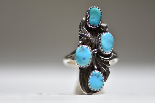 Turquoise Ring Long Navajo southwest sterling silver women girls Size 8.50