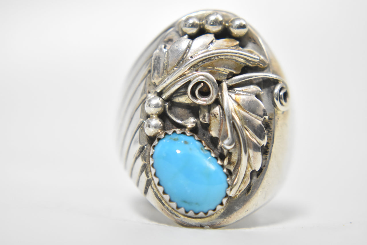 Navajo Turquoise Ring w Leaves Sterling Silver Men Size 13