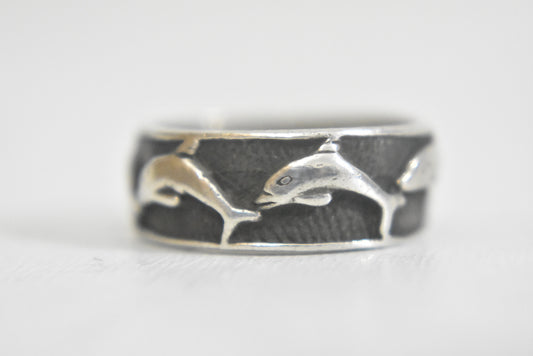 Dolphin ring  surfer pinky band sterling silver women men Size  7.50