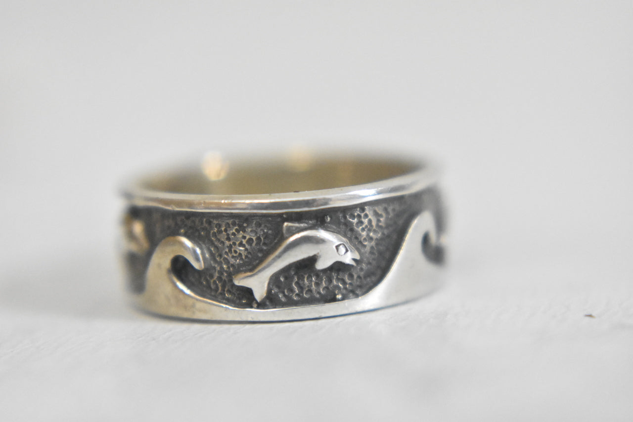 Dolphin ring  surfer pinky band sterling silver women men Size 4.75