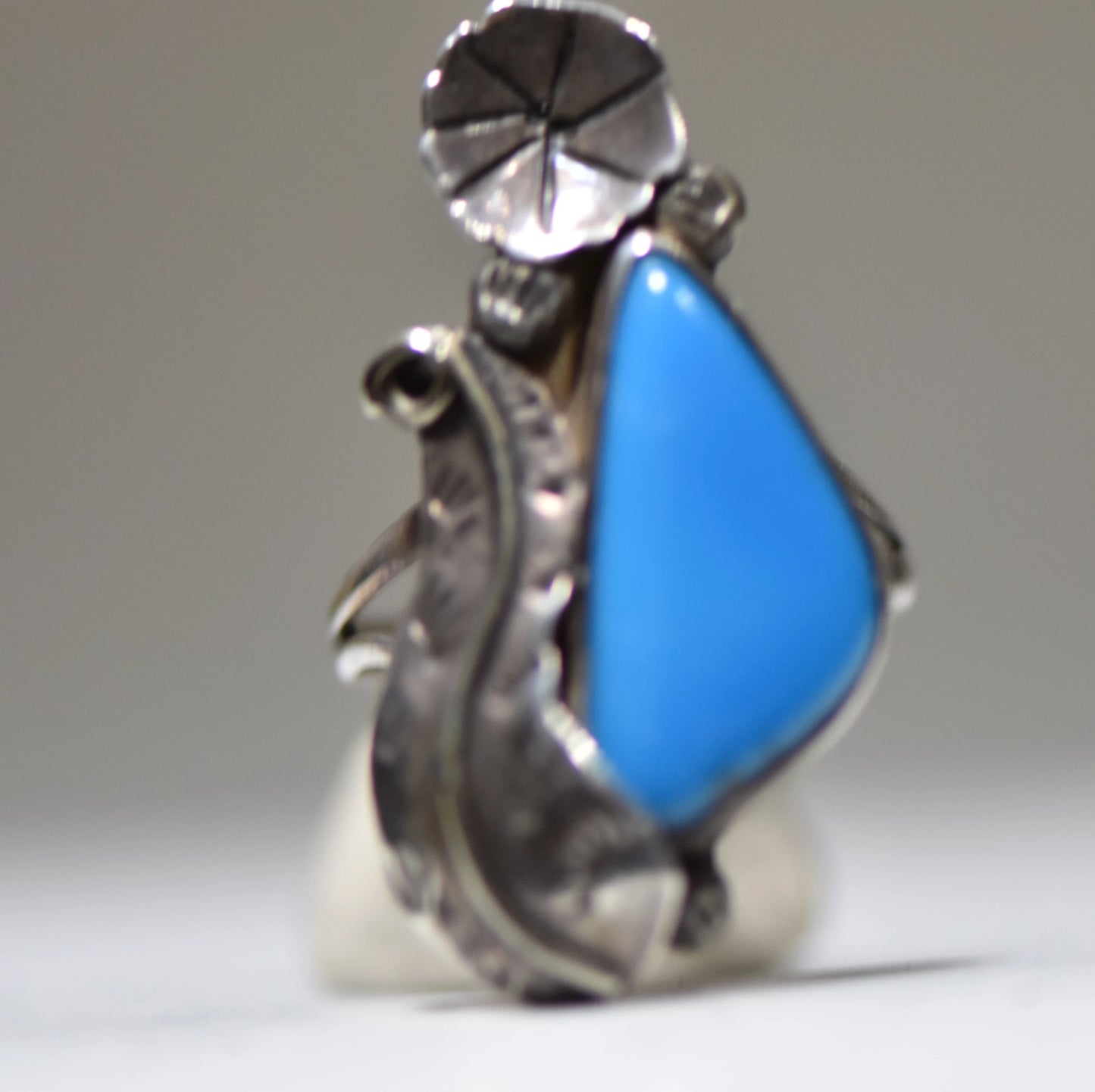 Turquoise ring long Navajo squash blossom feathers southwest sterling silver
