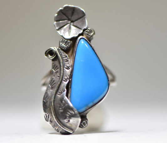 Turquoise ring long Navajo squash blossom feathers southwest sterling silver