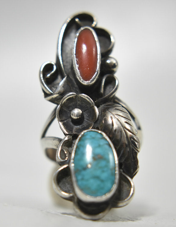 Navajo Long Turquoise Coral Ring Southwest Sterling Silver Size 8.75