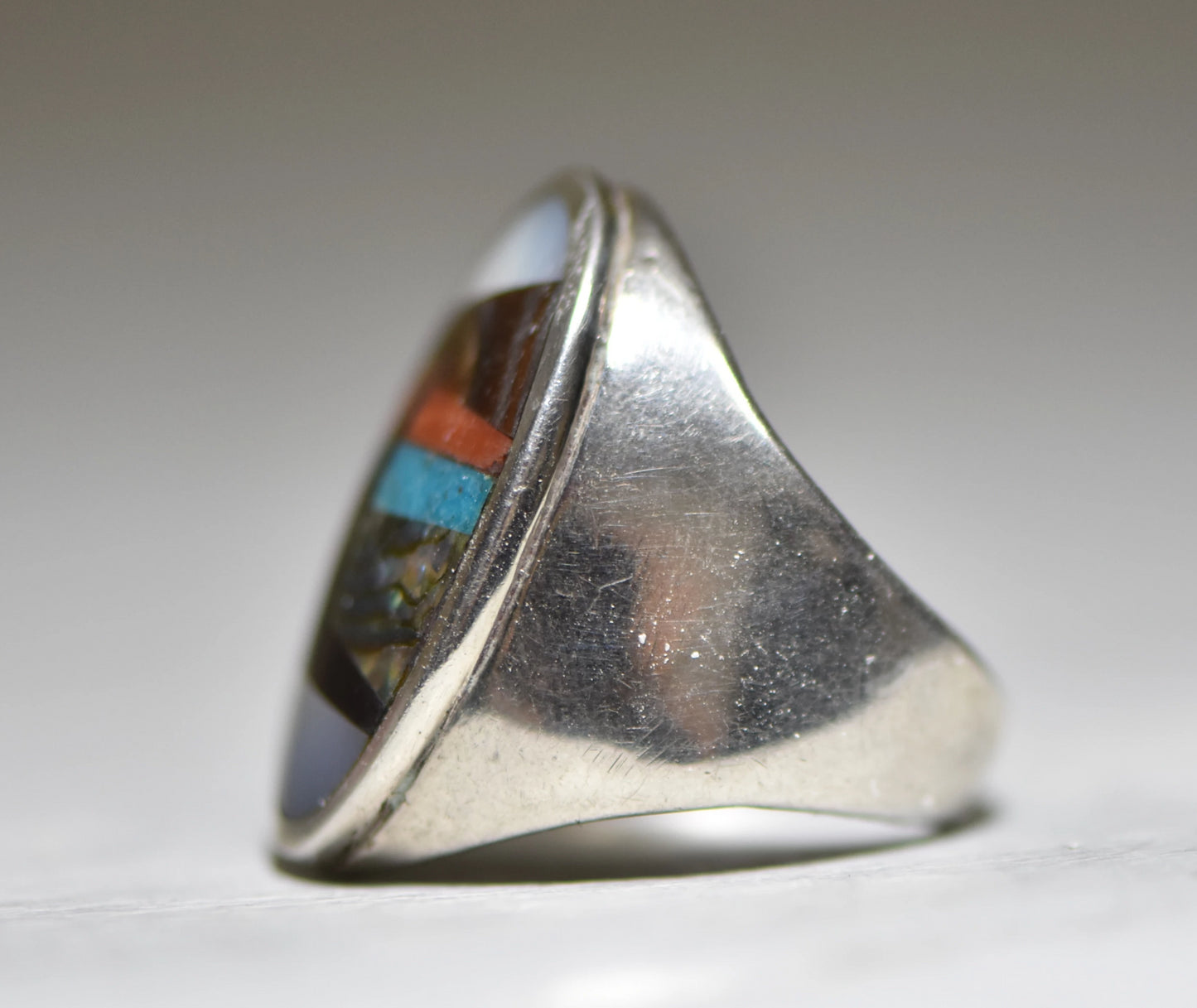 Navajo Ring Turquoise Seascape Abalone Lighthouse Spiny Oyster Sterling Silver Men Women