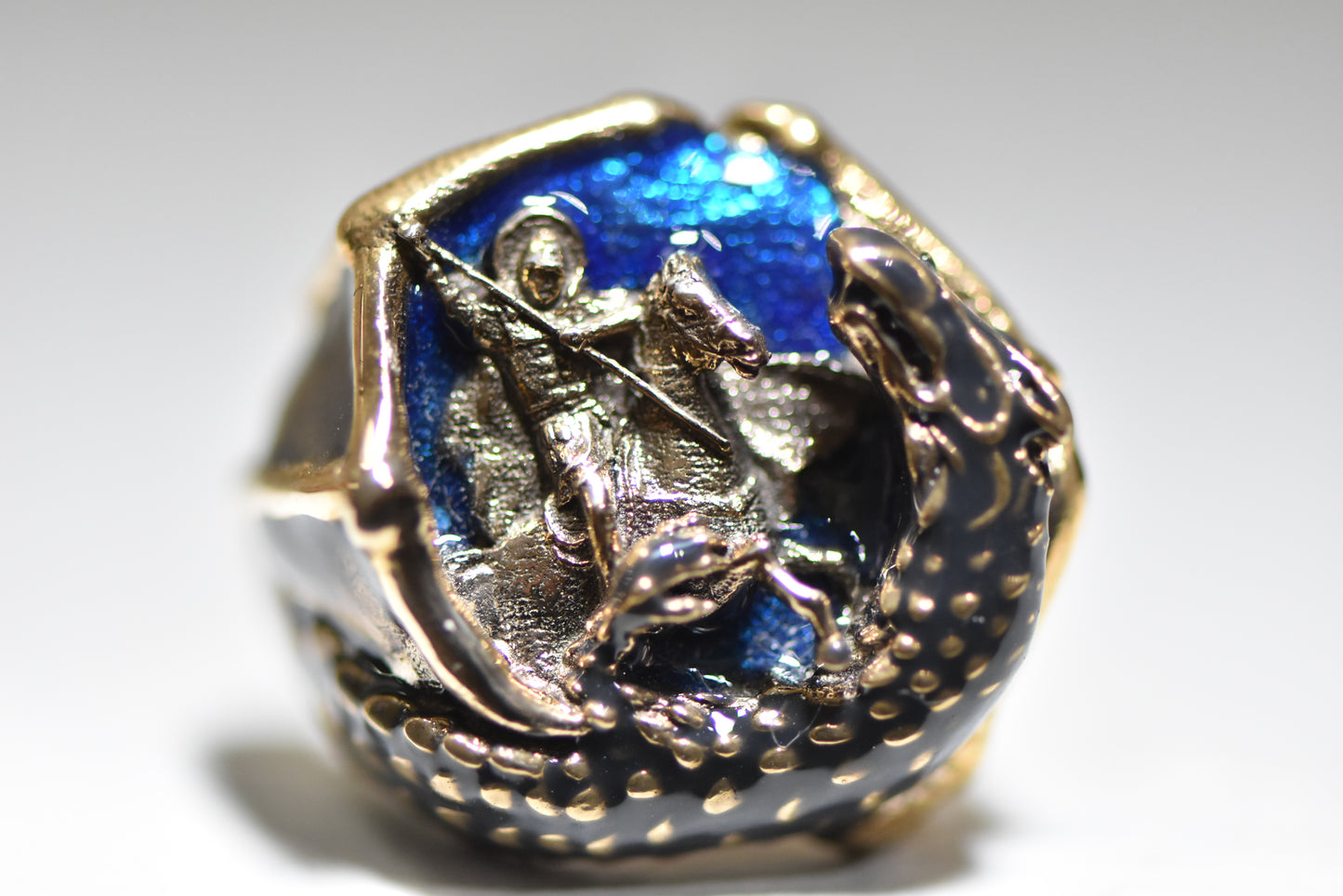St George Slaying Dragon Ring Horse Sword sterling silver men women