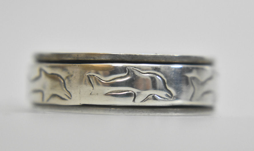 Dolphin spinner ring thumb band sterling silver men ring  size  13